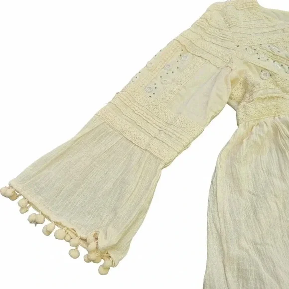 Embroidered Embellished Hippie BOHO Kimono Tie Front Prairie Shrug Cream Medium - Picture 5 of 13